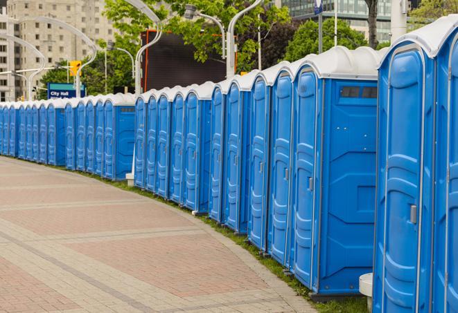 a line of portable restrooms set up for a wedding or special event, ensuring guests have access to comfortable and clean facilities throughout the duration of the celebration in Eden, WI